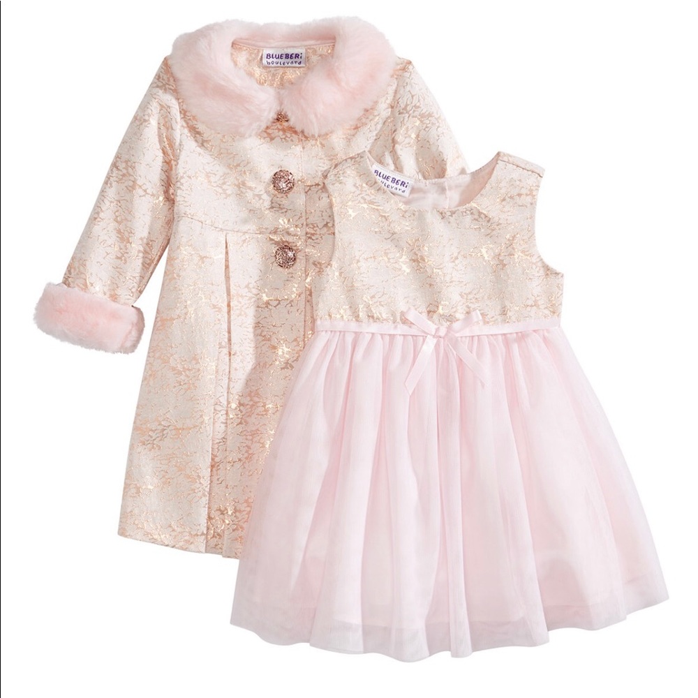2 piece fax fur trimmed coat and sleeveless dress